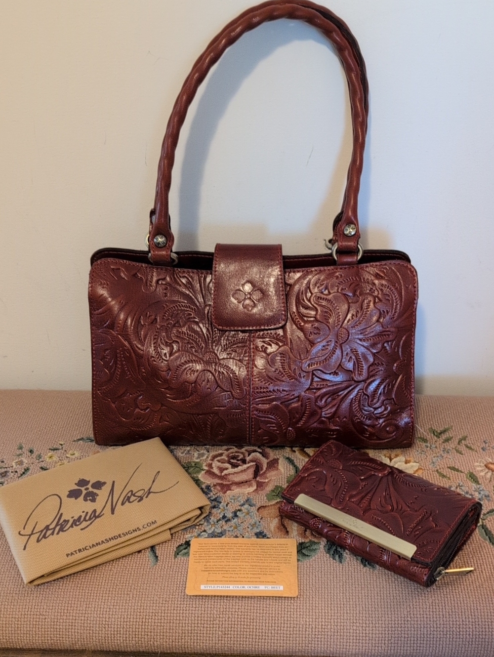 Patricia Nash Burgundy Tooled Floral Leather Shoulder Tote And Matching Wallet